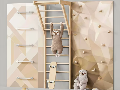 Children's Playground Equipment with Climbing Wall Ladder Skateboard and Sloth Plush in Geometric Patterns 3d model