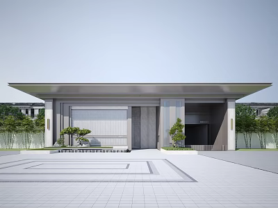 Modern Entrance Gate Architectural Design With Bamboo Plants And Paved Courtyard 3d model