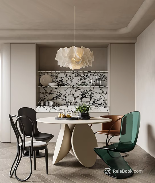 Modern Round White Dining Table Set With Colored Chairs Marble Wall And Pendant Light 3d model