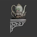 Antique Metal Shelf With Ornate Carved Legs And Three Decorative Teapots