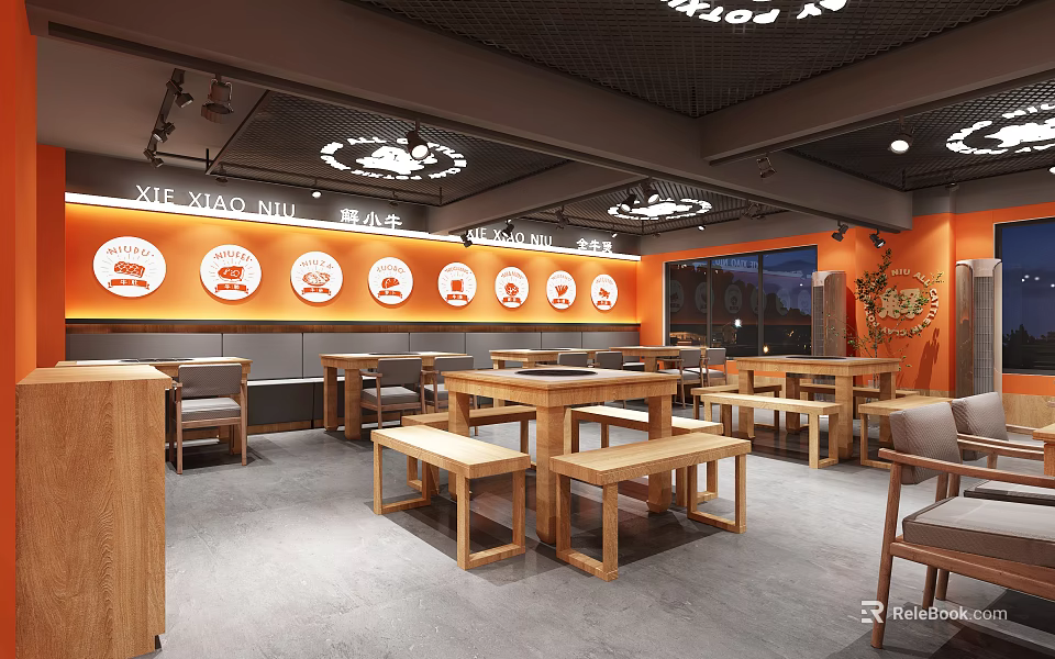 Hotpot Restaurant Interior Featuring Wooden Tables Benches Orange Walls Circular Decorations Warm Lighting Open Space 3d model 