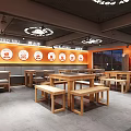 Hotpot Restaurant Interior Featuring Wooden Tables Benches Orange Walls Circular Decorations Warm Lighting Open Space