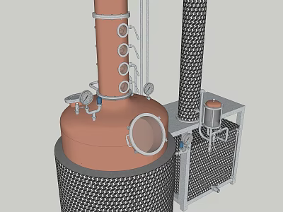 Copper Industrial Distillation Equipment with Valves Gauges Mesh Column and Metal Frame 3d model