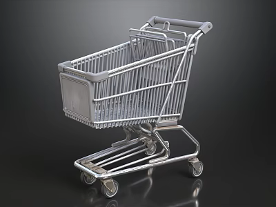 Silver Metal Shopping Cart With Four Wheels And Glossy Surface On Black Background 3d model