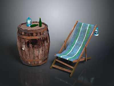 Rustic Wooden Barrel And Striped Deck Chair With Drink Bottles Setup 3d model