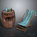 Rustic Wooden Barrel And Striped Deck Chair With Drink Bottles Setup