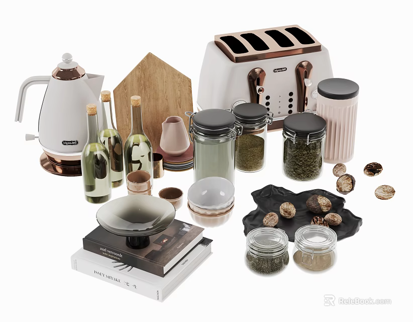 Modern Kitchenware Collection Featuring Kettle Toaster Wooden Cutting Board Glass Bottles Storage Jars and Bowls 3d model 