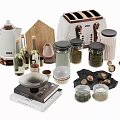 Modern Kitchenware Collection Featuring Kettle Toaster Wooden Cutting Board Glass Bottles Storage Jars and Bowls