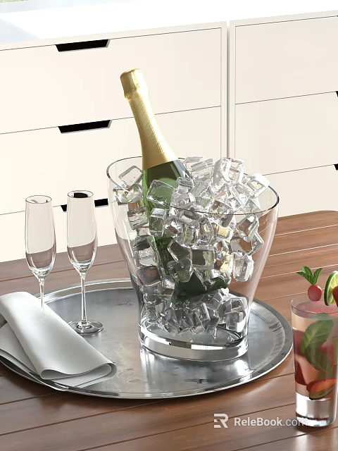 Champagne In Ice Bucket With Flutes And Cocktail On Tray 3d model 
