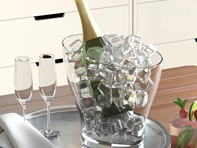 Champagne In Ice Bucket With Flutes And Cocktail On Tray 3d model