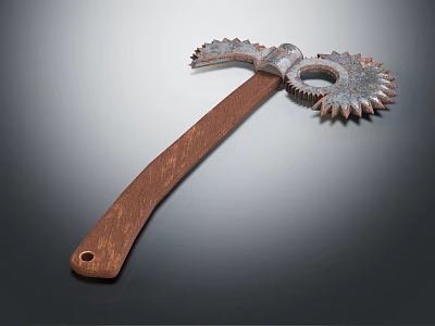 Unique Hand Tool With Wooden Handle And Spiked Metal Gear Head Design 3d model
