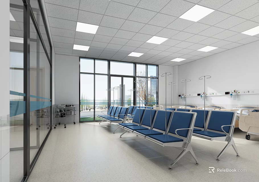 Hospital Waiting Room Interior With Blue Chairs Large Windows And Medical Equipment 3d model 