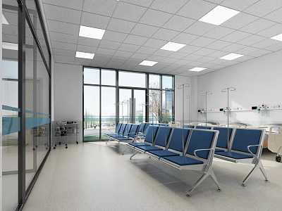 Hospital Waiting Room Interior With Blue Chairs Large Windows And Medical Equipment 3d model