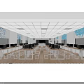 School Computer Classroom With Hexagonal Lights Blue Decor Rows Of Computers And Large Screen 3d model