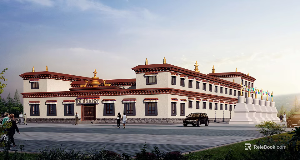 Traditional Ancient Architecture With White Walls Red Borders And Golden Roof Decorations 3d model 