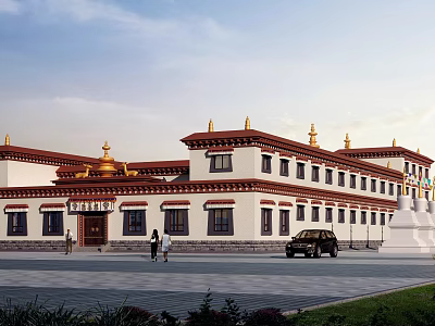 Traditional Ancient Architecture With White Walls Red Borders And Golden Roof Decorations 3d model
