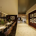 Elegant Restaurant Interior With Marble Bar Counter Dining Tables Hanging Lights And Wavy Ceiling