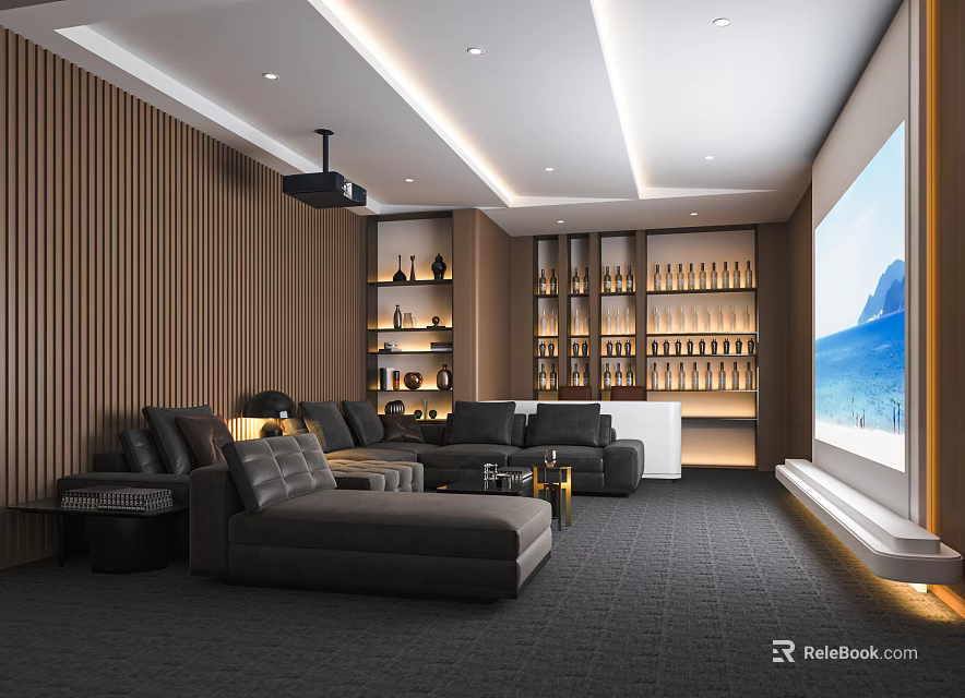 Home Theater Room With Sectional Sofa Projector Large Screen Wooden Wall Panels And Wine Racks 3d model 