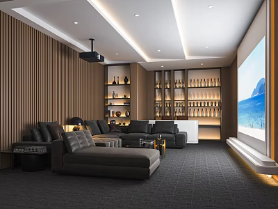 Home Theater Room With Sectional Sofa Projector Large Screen Wooden Wall Panels And Wine Racks 3d model