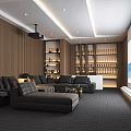 Home Theater Room With Sectional Sofa Projector Large Screen Wooden Wall Panels And Wine Racks