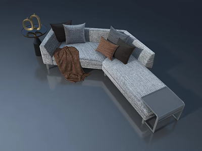 Golden Landscape Sculpture On Side Table Near L Shaped Sofa With Brown Blanket And Pillows 3d model
