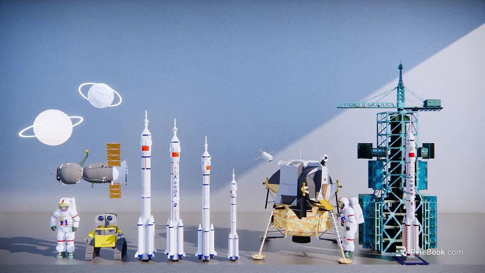 Space Exploration Model Display With Rockets Astronauts Lunar Lander And Planets 3d model