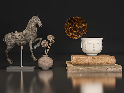 Decorative Ornament Set Including Bronze Horse Statue Vase Dried Flowers White Face Cup and Books 3d model