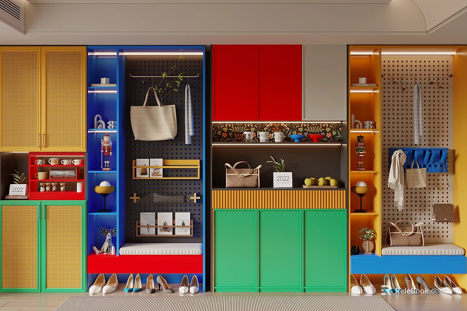 Colorful Shoe Cabinet Design With Hanging Hooks Storage Benches And Decorative Items 3d model 