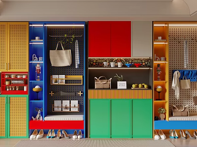 Colorful Shoe Cabinet Design With Hanging Hooks Storage Benches And Decorative Items 3d model