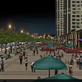 Vibrant Commercial Street Evening Scene With Tall Buildings Pedestrians Outdoor Dining And Street Lights