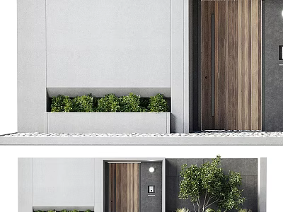 Modern Wooden Entrance Door With Gray Wall Green Plants And Small Tree Outside 3d model
