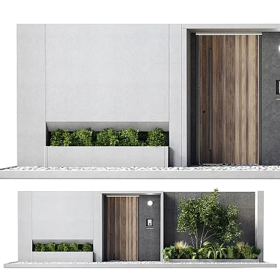 Modern Wooden Entrance Door With Gray Wall Green Plants And Small Tree Outside 3d model