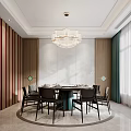 Modern Private Dining Room Interior With Round Table Chairs Chandelier Striped Walls And Curtains