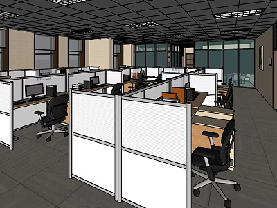 Modern Public Office Area Interior With Cubicles Desks Office Chairs And Computers 3d model