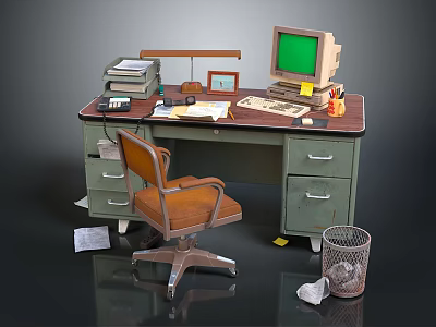 Children Learning At Vintage Study Desk With Retro Green Screen Computer Books And Wooden Chair 3d model