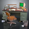 Children Learning At Vintage Study Desk With Retro Green Screen Computer Books And Wooden Chair