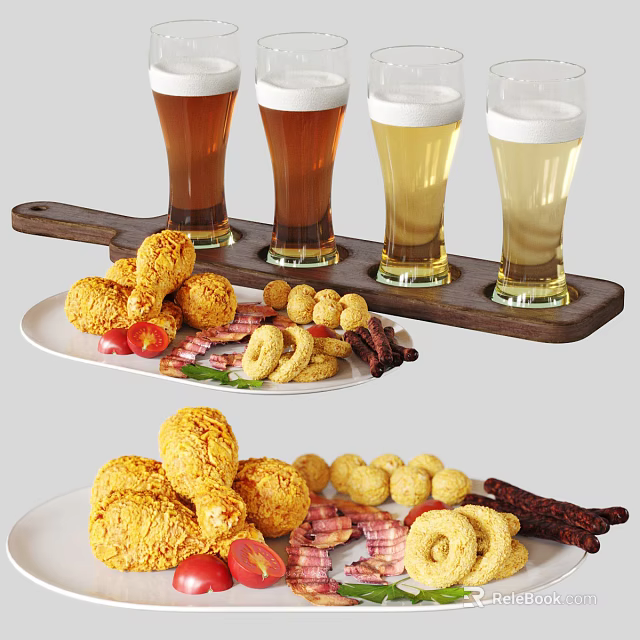 Crispy Fried Chicken Onion Rings Bacon Tomato Slices And Cold Beer Glasses 3d model 