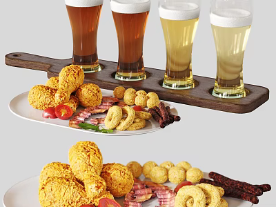 Crispy Fried Chicken Onion Rings Bacon Tomato Slices And Cold Beer Glasses 3d model