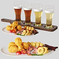 Crispy Fried Chicken Onion Rings Bacon Tomato Slices And Cold Beer Glasses