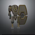 Mechanical Robot Character With Patterned Shield And Articulated Metal Armor