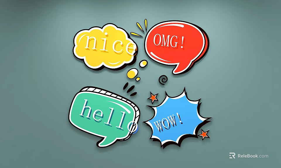 Handheld Sign With Colorful Speech Bubbles Containing Nice Hello Wow Omg 3d model
