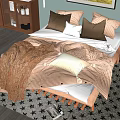Cozy Modern Double Bed Setup With Soft Pillows Blankets Wooden Dresser And Side Table