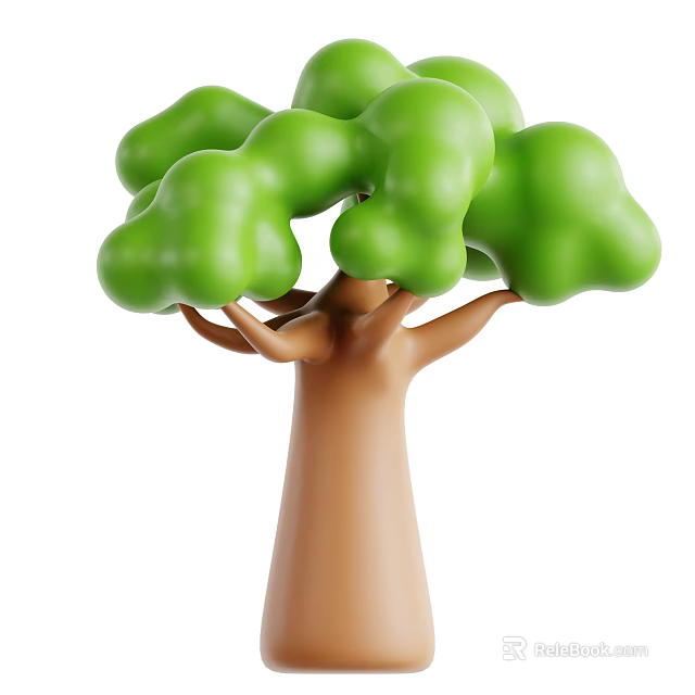 Cartoon Style Tree with Green Cloud like Leaves and Brown Trunk 3d model 