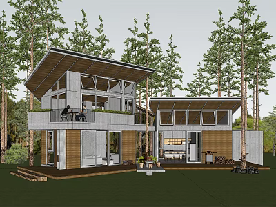 Modern Single Family House Surrounded By Tall Trees With Large Glass Windows And Terrace 3d model