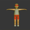3D Character in Blue Vest and Red Shorts with Arms Outstretched on Dark Background