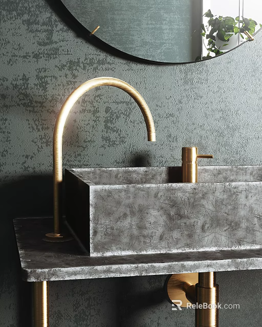 Textured Concrete Washbasin With Curved Golden Faucet And Dark Wall 3d model 