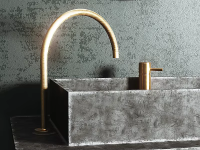 Textured Concrete Washbasin With Curved Golden Faucet And Dark Wall 3d model