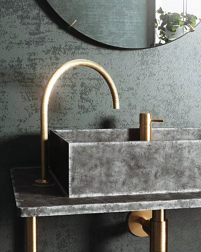 Textured Concrete Washbasin With Curved Golden Faucet And Dark Wall 3d model