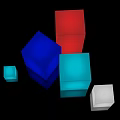 Colorful Cubes In Red Blue Cyan And White On Black Background With Reflections