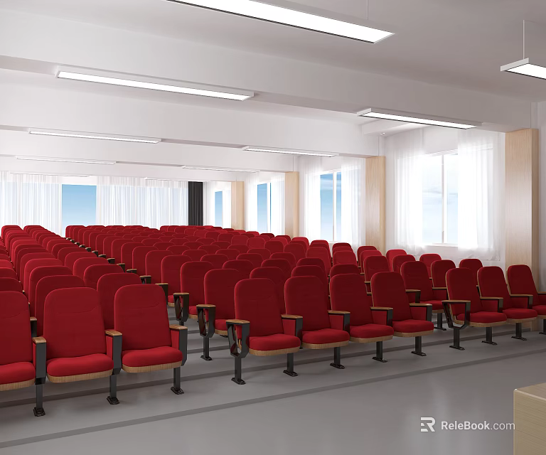 Conference Room Interior With Rows Of Red Seats Windows And Ceiling Lighting 3d model 